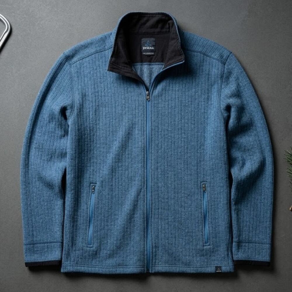 prAna Mens XL Blue Recycled Wool Blend Full Zip Fleece Sweater Jacket Active